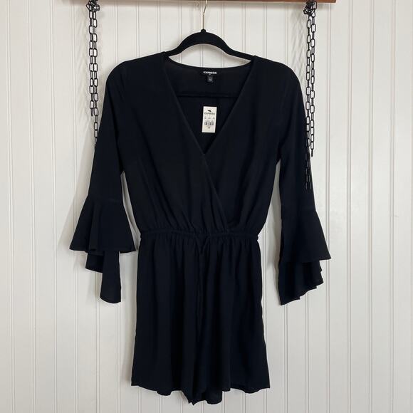 NWT Express Black Bell Sleeve Faux Wrap Romper Size XXS - Picture 1 of 9